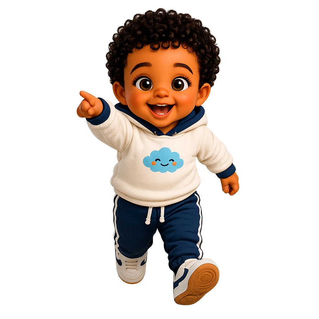 Baby Karter pointing up toward the collection