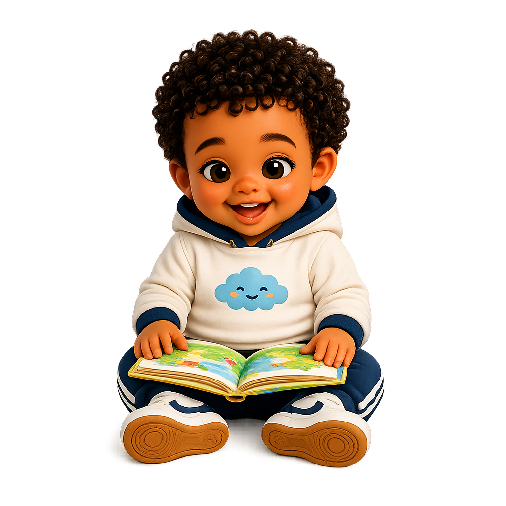 Baby Karter happily reading a picture book